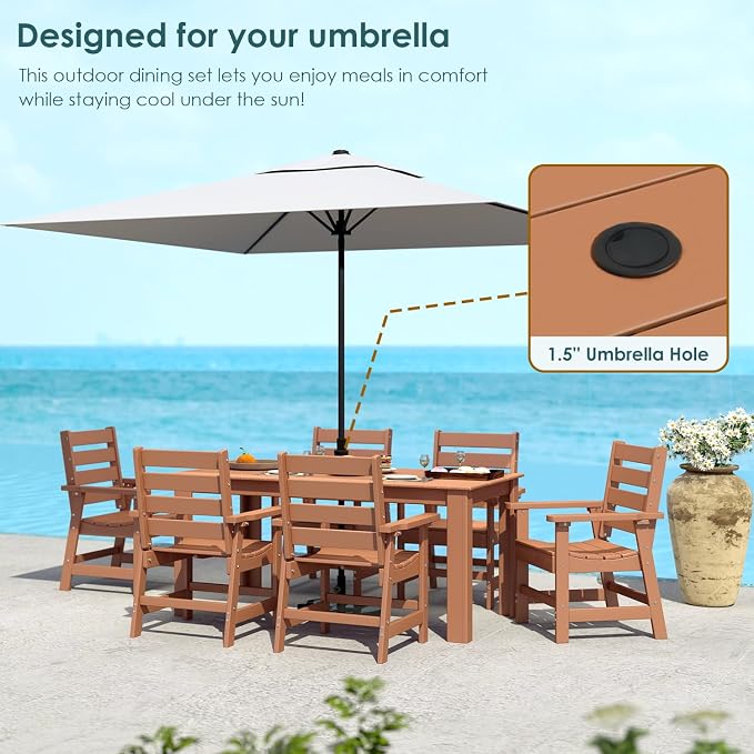 IVY&LANE Outdoor 7-Piece Dining Set for 6 | HDPE | 67’’ Rectangle Table and Chairs | Patio Furniture Sets | All Weather | Umbrella Hole | Teak | for Poolside Lawn Garden Backyard