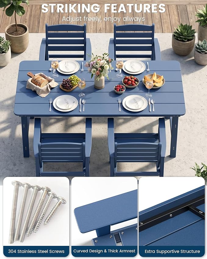 FOOWIN 5-Piece Patio Dining Sets Outdoor Table and Chairs HDPE Outdoor Dining Set with Umbrella Hole,Outdoor Furniture Dining Set for 4 Blue