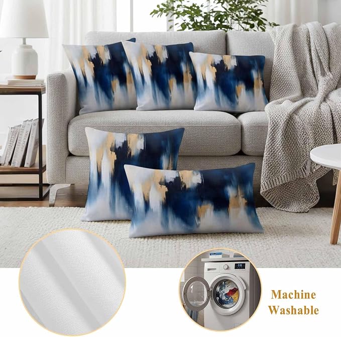 Abstract Watercolor Outdoor Pillow Covers Set of 2 Gold Blue Gradient Graffiti Art Waterproof Throw Pillow Cover Decorative Cushion Cases for Patio Porch Garden 16X16 Inch