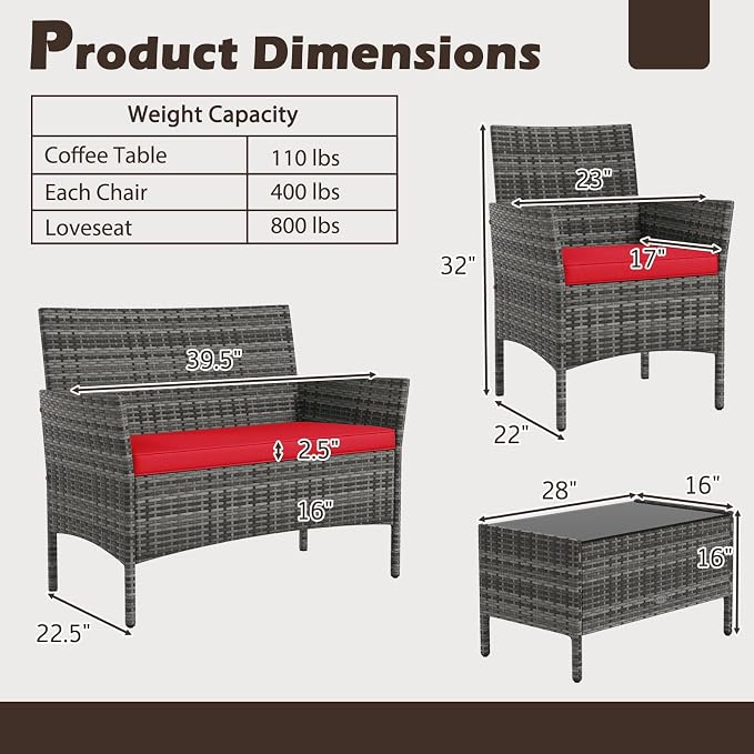 RELAX4LIFE 8-Piece Patio Furniture Set - Rattan Outdoor Conversation Bistro Set w/Cushions, Glass Coffee Table, Wicker Chairs & Loveseat for Garden Backyard Porch, Balcony Furniture (2, Mix Grey-Red)