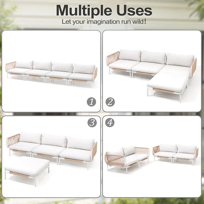 Patio Furniture Set, Outdoor Patio Furniture Oversized Metal Single Sofa, 4-seat Conversation Set with Cushion for Indoor and Outdoor, White Frame and Beige Mat, （4Seats 4 Armrests）