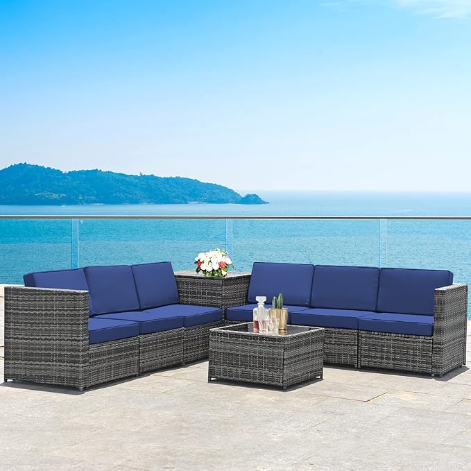 RELAX4LIFE 8-Piece Patio Furniture Set - PE Wicker Conversation Set w/Soft Cushions & Tempered Glass Storage Table, Outdoor Sectional Sofa Set for Garden, Poolside, Backyard (Navy Blue)