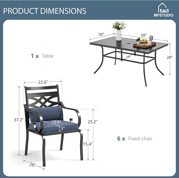 MFSTUDIO 7 PCS, Patio Dining Set, 59"×35", Umbrella Hole, Blue | Steel, Metal, E-coated frame