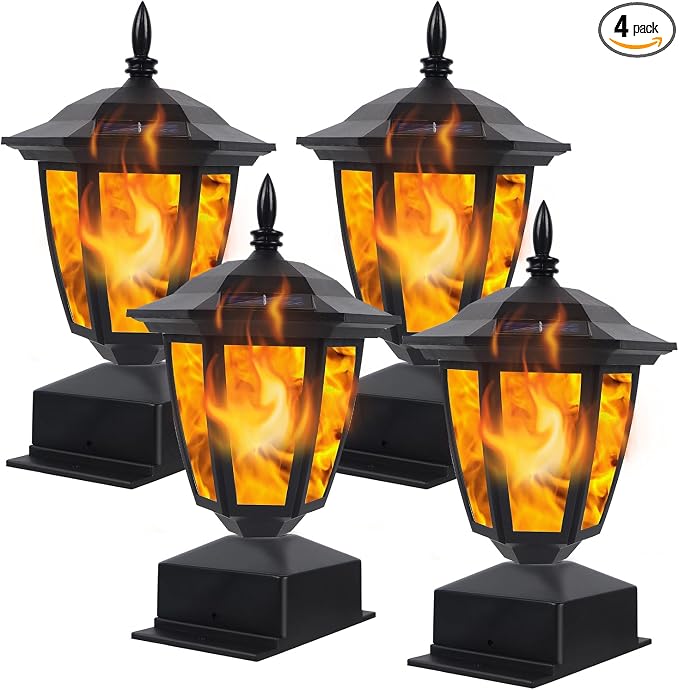 Dynaming Solar Flame Post Lights Outdoor, Solar Powered Lamps Fence Post Cap Lights, Flickering Flame LED Lantern Decorative Waterproof for Garden Deck Patio, Fit 4x4, 5x5 or 6x6 Wooden Posts, 4 Pack