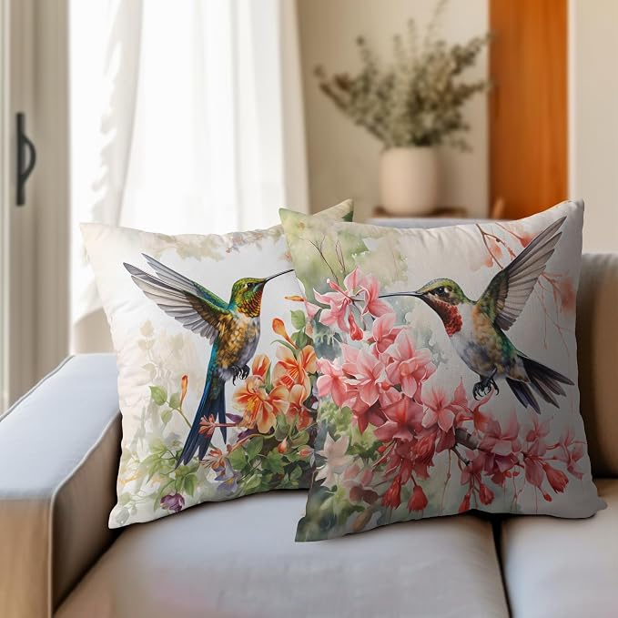 Watercolor Bird Throw Pillow Covers - Spring Hummingbird Outdoor Pillow Covers 20x20 Inch Summer Tropical Flowers Cushion Cases Set of 2 Pillowcase for Patio Furniture Bed, PCYMHumming1L