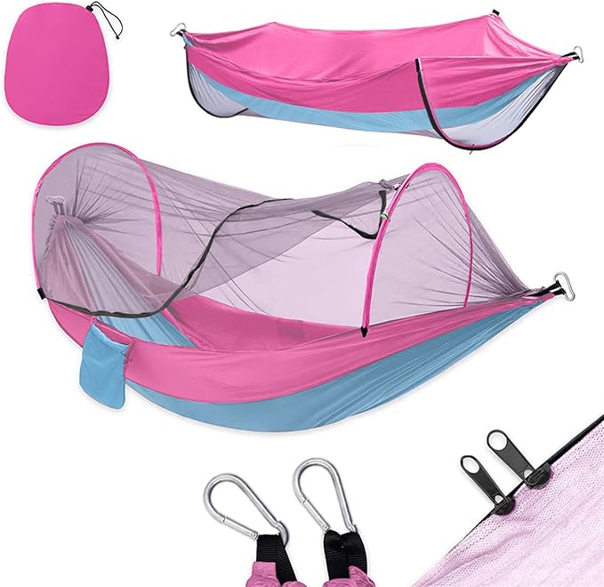 Camping Hammock with Net, Light and Durable Hammock for 2 People with Tree Strap and Carabiner Portable Pop Up Hammock for Outdoor Hiking