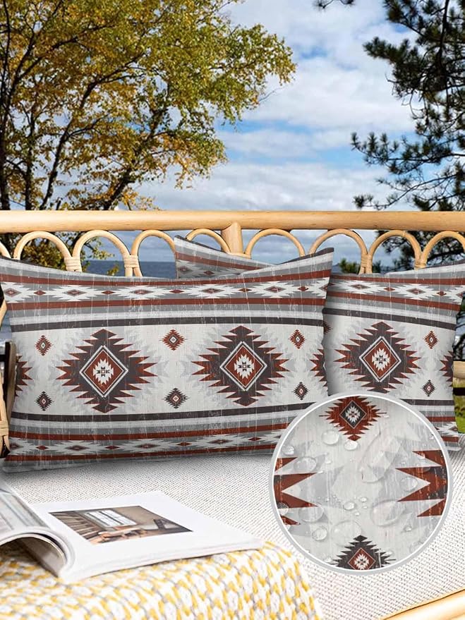 Outdoor Waterproof Throw Pillow Covers Set of 2 Red Gray Boho Aztec Lumbar Pillowcases 20x12 Inches Southwest Tribal Geometric Patio Decorative Pillows Cushion Case Patio Pillows for Couch Bed Garden