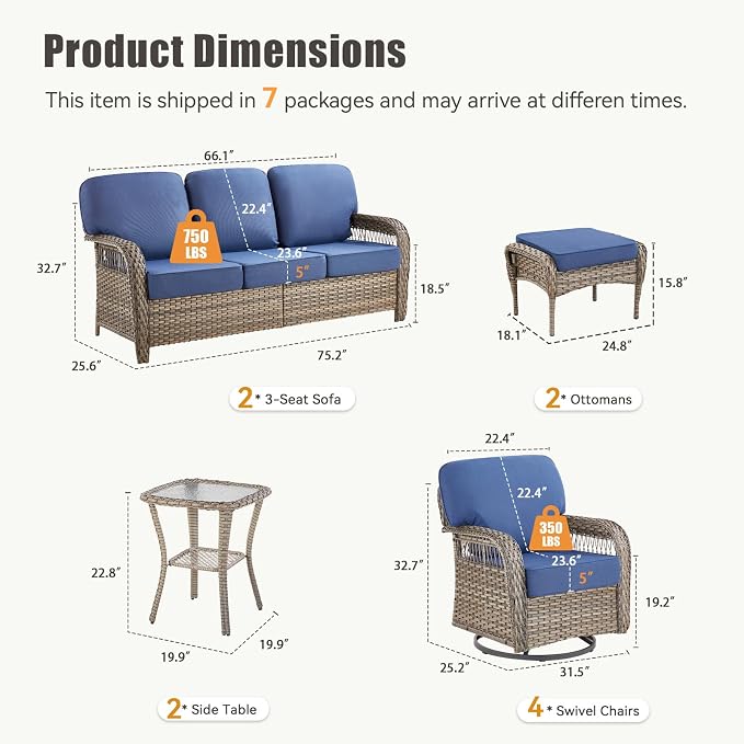 10 PCS Patio Furniture Set Outdoor Sectional Sofa Couch with Rocking Swivel Chairs 5" Deep Seat Chairs, Modern Wicker Rattan Conversation Set, Blue/Gray Wicker