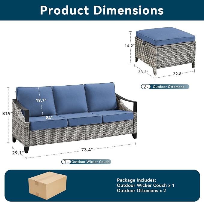 3 Pieces Wicker Patio Furniture Sofa Set-Outdoor Wicker Patio Furniture Covered Couch with Multifunctional Ottoman and All-Weather Outdoor Patio Conversation Set for Backyard Porch Garden Grey/Blue