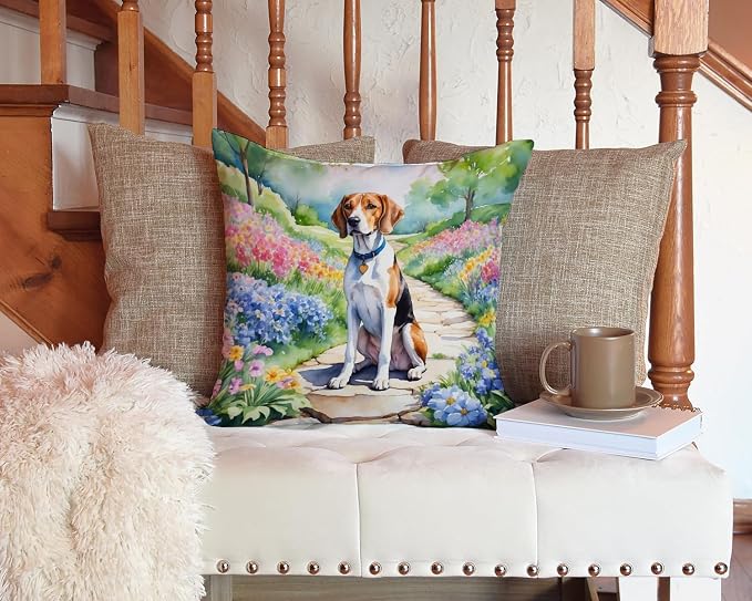 Caroline's Treasures English Foxhound Spring Path Throw Pillow Machine Washable, Indoor Outdoor Decorative Pillow for Couch, Bed or Patio, 14Hx14W