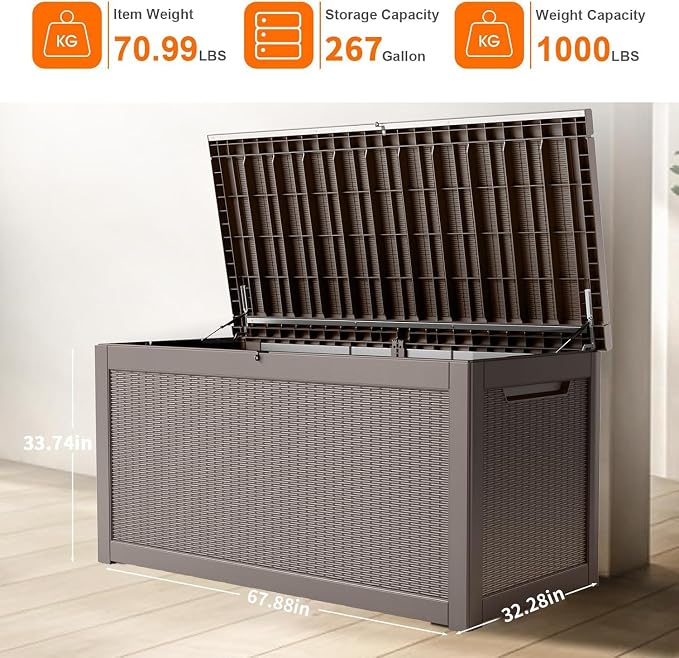 Deck Box Large Outdoor Storage for Patio Furniture,Outdoor Cushions,Garden Tools and Pool Supplies,Waterproof,Resin,Lockable (Grey, 267 Gallon)