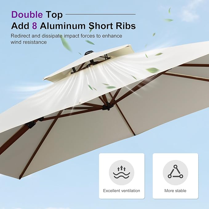 PURPLE LEAF 12ft Patio Umbrella Outdoor Round Large Cantilever Umbrellas Windproof Offset Umbrellas Heavy Duty Sun for Garden Deck Pool Patio, Cream