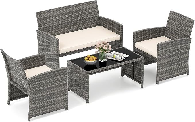HAPPYGRILL 4 Piece Rattan Wicker Patio Conversation Set, Outdoor Furniture with Chair Loveseat Table & Cushion, for Backyard Porch Balcony (1, Off White)