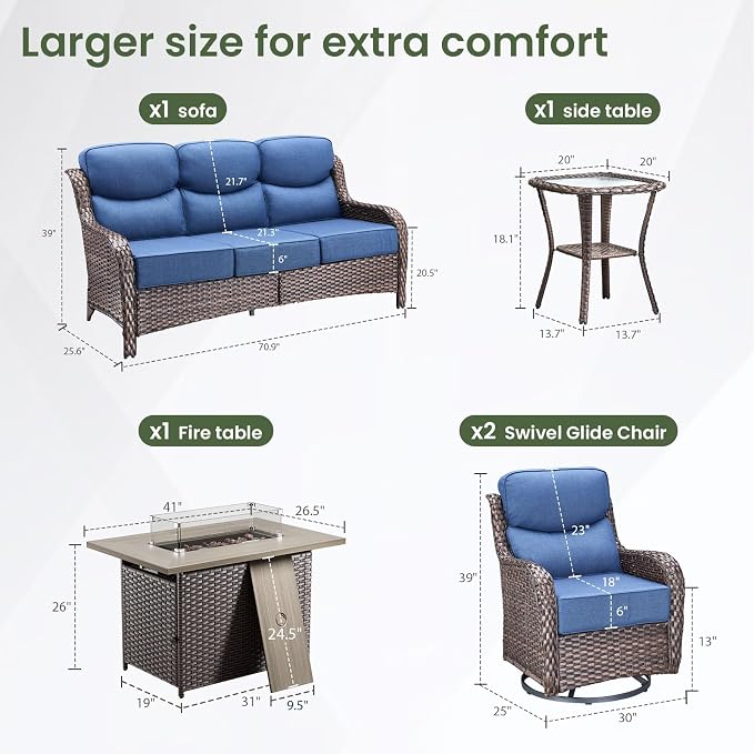 Luxury Patio Furniture Set with 6-inch Thick Cushion, Outdoor Furniture with Fire Pit Table, Swivel Chairs, Side Table, Sofa, 5pcs Wicker Conversation Set for Deck Yard (Brown Wicker | Blue Cushion)