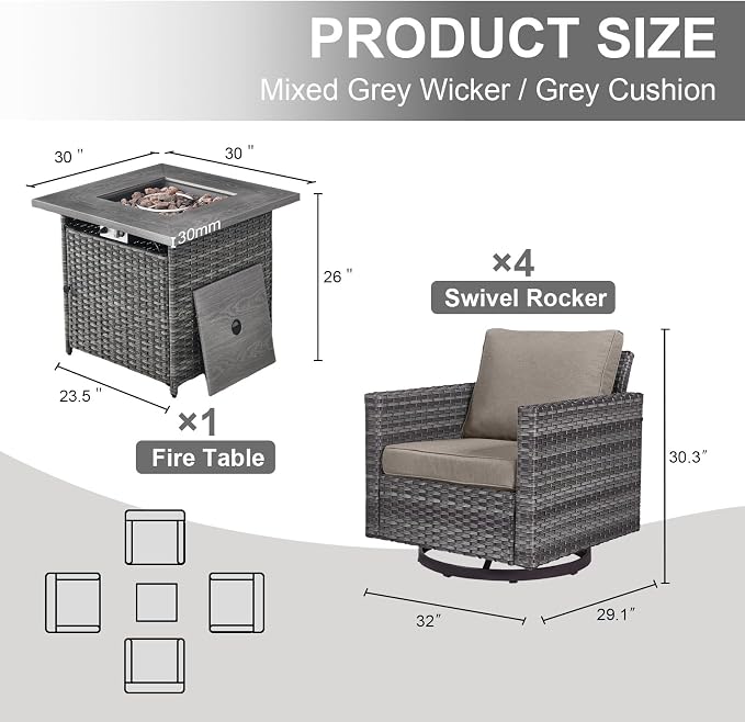 Belord 5 Pieces Wicker Patio Furniture Set: 4 Outdoor Swivel Glider Rocker Patio Conversation Set with 50000BTU Propane Fire Pit Table, All Weather Grey Rattan Anti-Rust Frame, Brown Cushion