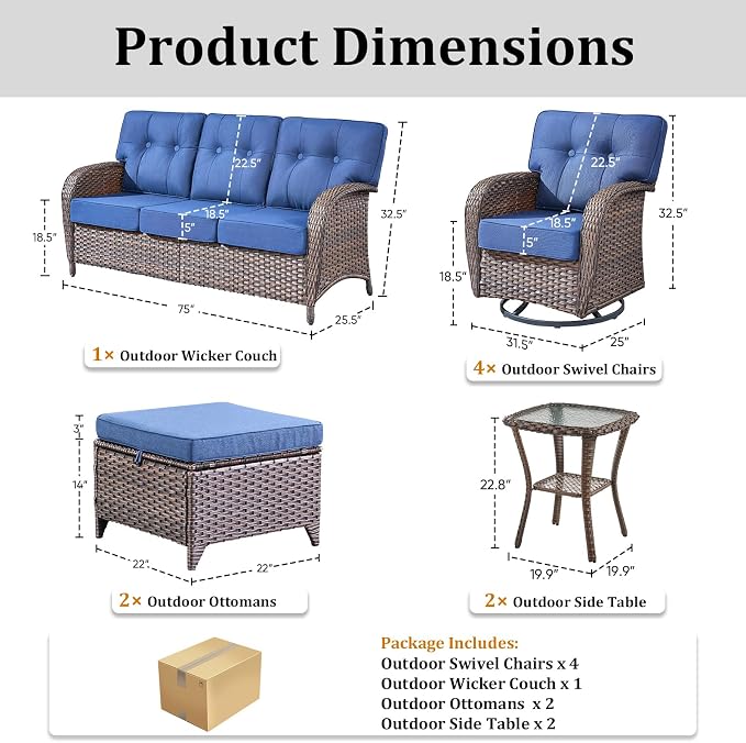 9-Piece Wicker Patio Furniture Set with 5-Inch Thick Cushions Weather Resistant Rattan High Back Swivel Rocker Chairs Senior Friendly Conversation Set for Small Porch Deck Sunroom Brown/Blue