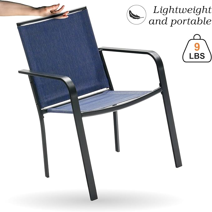 Anmutig 3-Piece Outdoor Dining Set, Small Metal Bistro Table with 2 Stackable Sling Chairs, 27.5 x 27.5 Inch Square Table, Blue Fabric