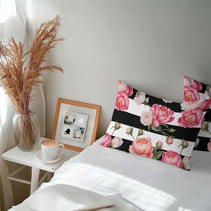 Outdoor Waterproof Throw Pillow Covers Set of 2 Pink Peony Rose Lumbar Pillowcases 20x12 Inches Floral Black Stripes Decorative Pillows Cushion Case Patio Pillows for Couch Bed Chair Garden
