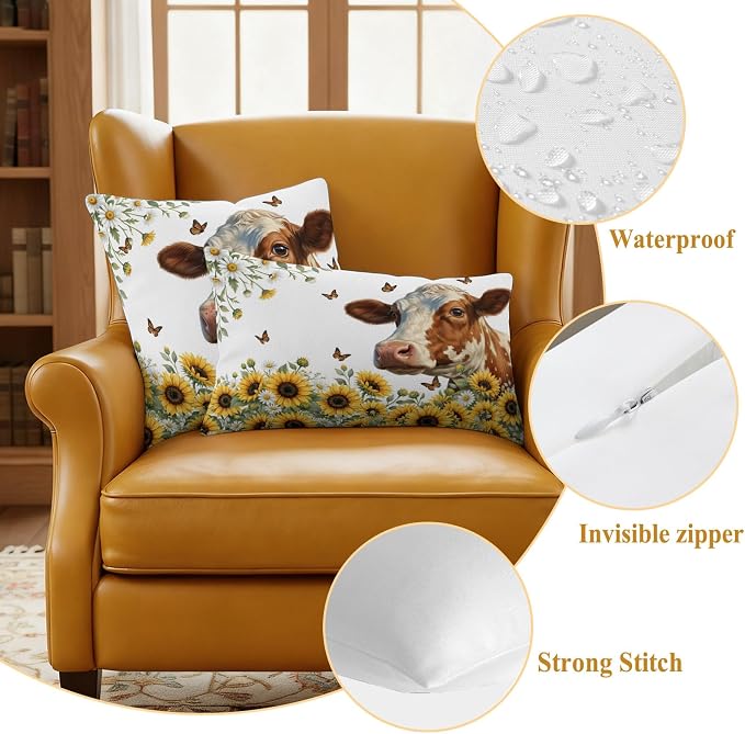 Cow Animal Outdoor Pillow Covers 18"x18" Set of 2, Yellow Sunflower Farmhouse Daisy Butterfly Waterproof Throw Pillow Covers for Patio Furniture, Decorative Cushion Covers for Porch