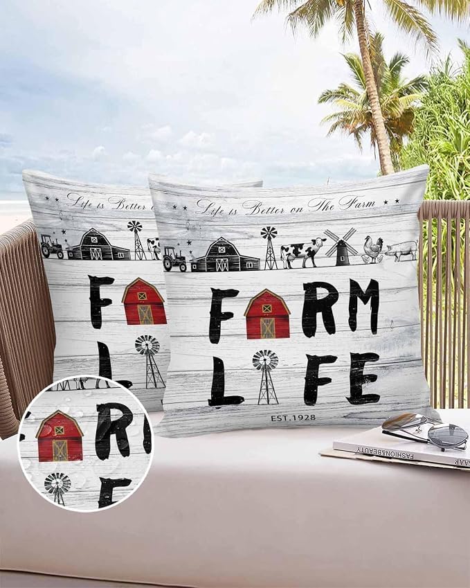 Outdoor Throw Pillows Covers 26x26 inch Set of 2 Waterproof Farm Life Decorative Zippered Cushion Covers for Patio Furniture, Farmhouse Barn Windmill Cow Chicken Tractor Wood Lumbar Pillowcases