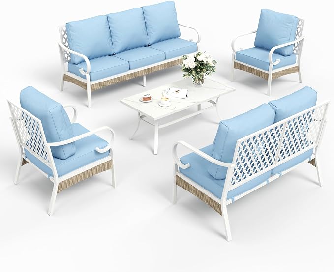 SUNSHINE VALLEY 6 Piece Metal Outdoor Patio Furniture Set, Patio Conversation Sets 3-Seater Sofa, 2 Fixed Chair, 2 Swivel Chair with 5.75" Thick Cushion & Coffee Table White Backyard Furniture, Blue