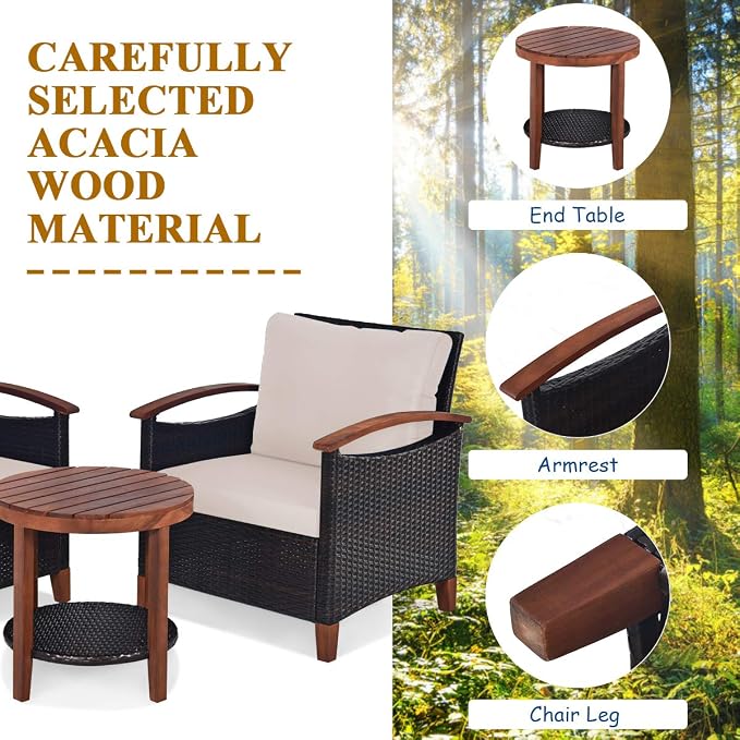 COSTWAY 3PCS Patio Rattan Furniture Set, Outdoor Solid Wood Frame Cushion Sofa with Round Table for Garden Porch Backyard Poolside (Beige)