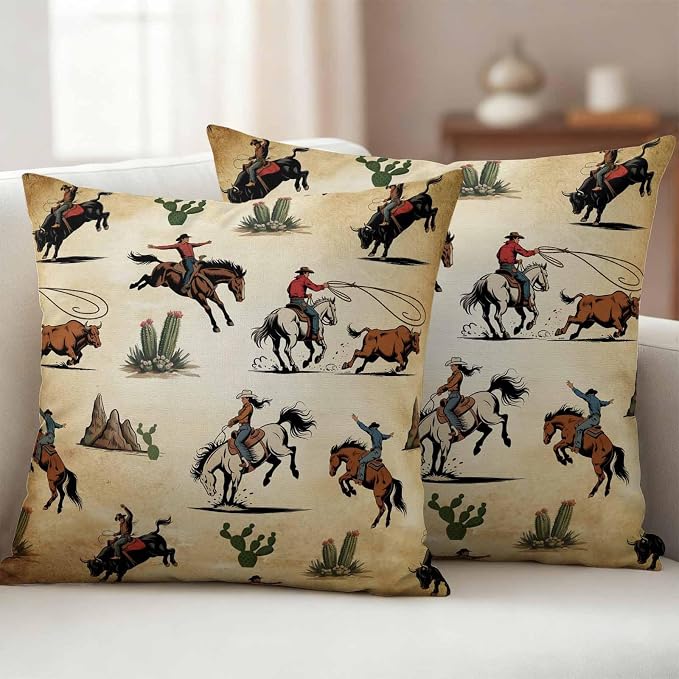 Western Cowboys Outdoor Pillow Covers Waterproof, All Weather Cushion Case Set of 2, Brown Vintage Country Cactus Decorative Pillowcases for Sofa Couch Bed Decor Patio Furniture 18"x18"