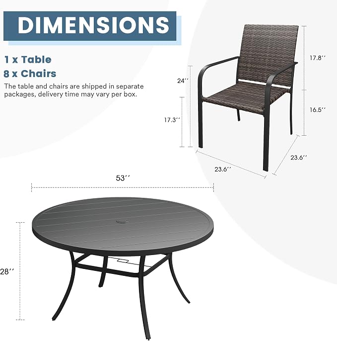 DIFY 9 Piece Outdoor Dining Set, Patio Table and Chairs Set for 8 with Umbrella Hole, 53" Black Round Dining Table & Stackable Wicker Patio Chairs, Metal Patio Furniture Set for Garden Backyard