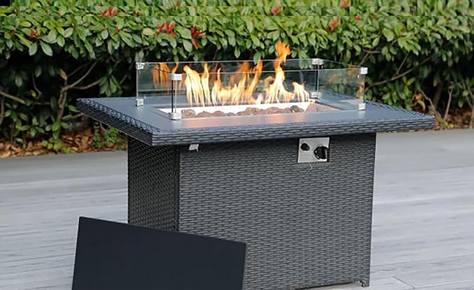 11 Piece Ohana Outdoor Patio Furniture Black Wicker Conversation Set with Fully Assembled Sectional and 42-inch Propane Gas Fire Table