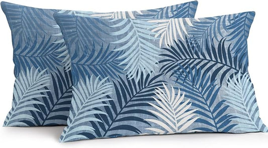 Blue Palm Leaves Waterproof Outdoor Pillow Covers Set of 2 Home Decor, Summer Tropical Leaf Plant Lumbar Pillowcase Patio Pillow Covers for Couch Bench Patio Furniture Garden 20x12in