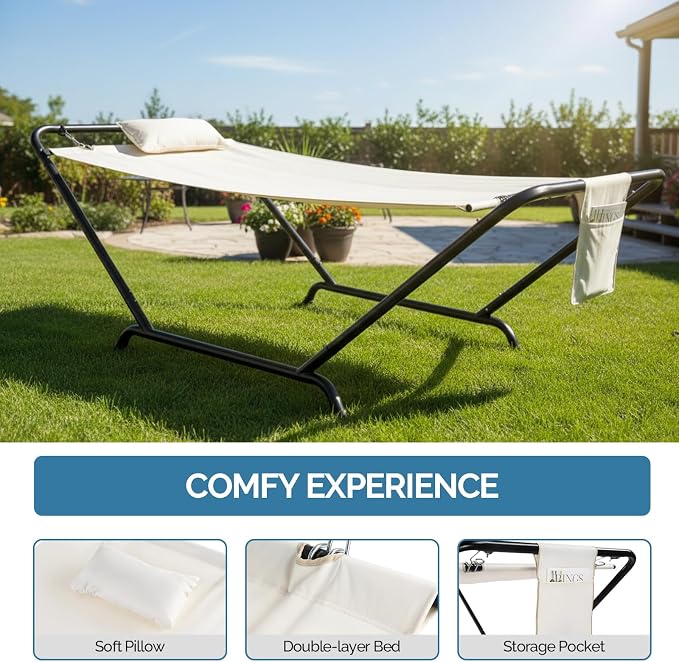 Hammock with Stand for Outside Heavy Duty, 600 lbs Capacity Freestanding Outdoor Hammock with Pillow & Storage Bag, Beige Double Hammock for Patio, Backyard, Poolside, No Tools Assembly