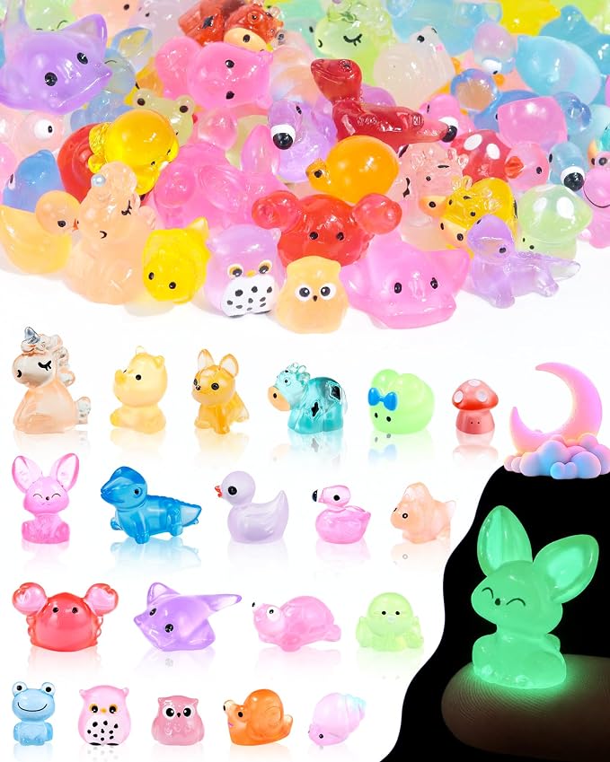 FIVEIZERO 100PCS Luminous Mini Resin Animals Bulk, 20 Styles | Waterproof, Fade-resistant, Non-toxic, Smooth Edges, Fairy Garden Decor, Aquarium Accents, Party Favor Fillers