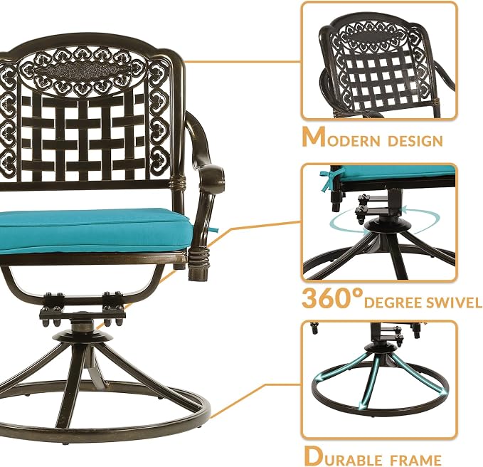 7-Piece Outdoor Patio Dining Set, 60” Rectangular Cast Aluminum Dining Table with Umbrella Hole and 6 Cushioned Swivel Rocker Chairs, Patio Funiture Set for Backyard, Patio, Garden, Blue