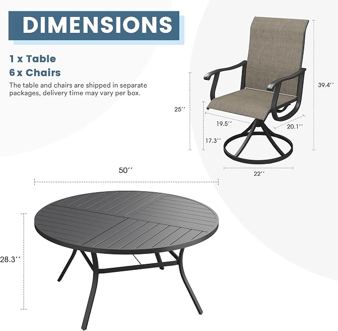 DIFY Patio Table and Chairs Set for 6, 7 Piece Outdoor Dining Set Includes 50" Black Round Metal Dining Table with Umbrella Hole and 6 Brown Textilene Swivel Patio Chairs, for Garden Backyard Deck