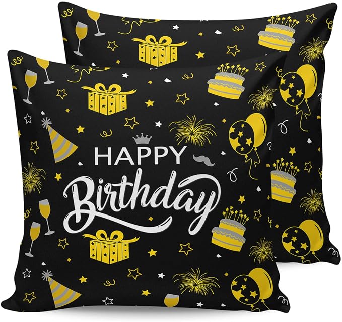 Prime Leader Outdoor Waterproof Pillow Covers Set of 2, Happy Birthday Cake Firwoks Black Patio Throw Pillow Covers, Decorative Cushion Case for Couch Sofa Furniture Garden, 24x24 Inch