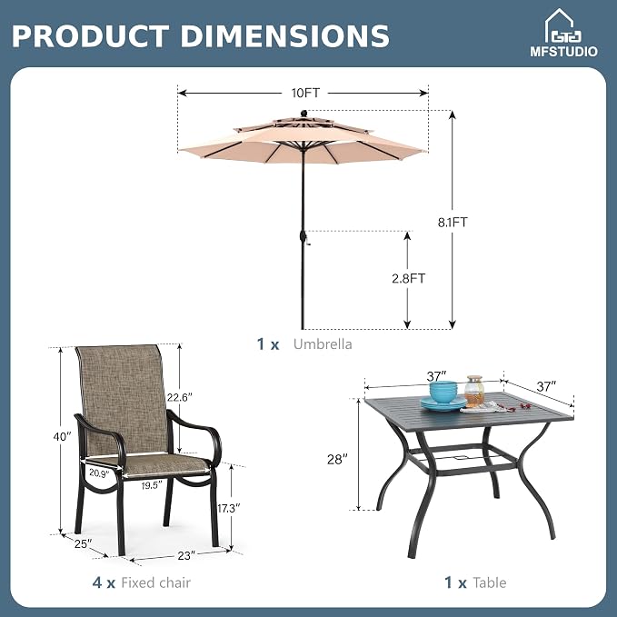MFSTUDIO Outdoor Dining Set with Umbrella, Patio Dining Set for 4 Persons, Patio Furniture Set with Square Table & Textilene Chairs & Beige Umbrella (Base not Included)