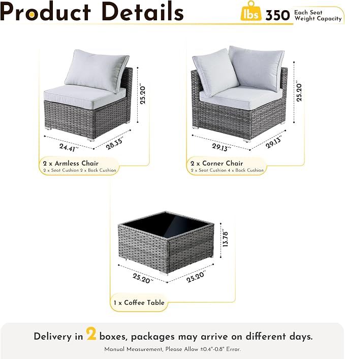 Weaxty 5 Pieces Patio Furniture Sets,Wicker Outdoor Sectional Sofa with Thicken Cushion and Rattan Coffee Table,Patio Conversation Couch Set for Porch, Balcony,Yard, Poolside,Light Gray