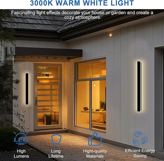 Modern Outdoor Wall Light, 39.4 Inch Linear Outdoor Sconce Lights | Long Outdoor Light Fixtures Wall Mount 3000K LED Exterior Sconce IP65 Waterproof Black Outside Porch Lights for House Garage