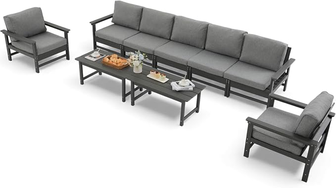 HDPE Outdoor Patio Furniture Set, 9-Piece Sofa Set with 5-Seat Couch, 2 Armchairs & 2 Coffee Tables, Weatherproof Conversation Set with Cushions, All-Weather Waterproof, for Garden, Porch & Backyard