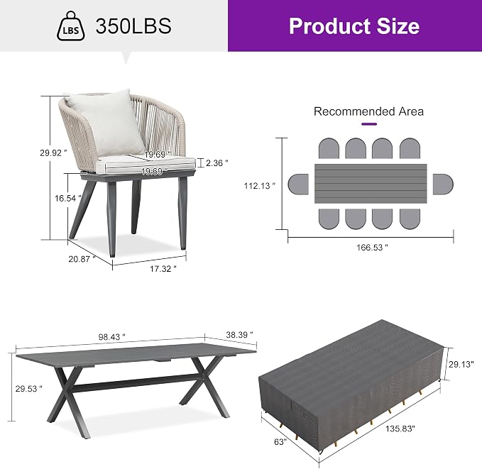 PURPLE LEAF 11 Pieces Patio Dining Set with Waterproof Furniture Cover Rectangular Table and Chairs Set for Garden Deck Aluminum Frame Backyard Kitchen Set, Cushions and Pillows Included Taupe