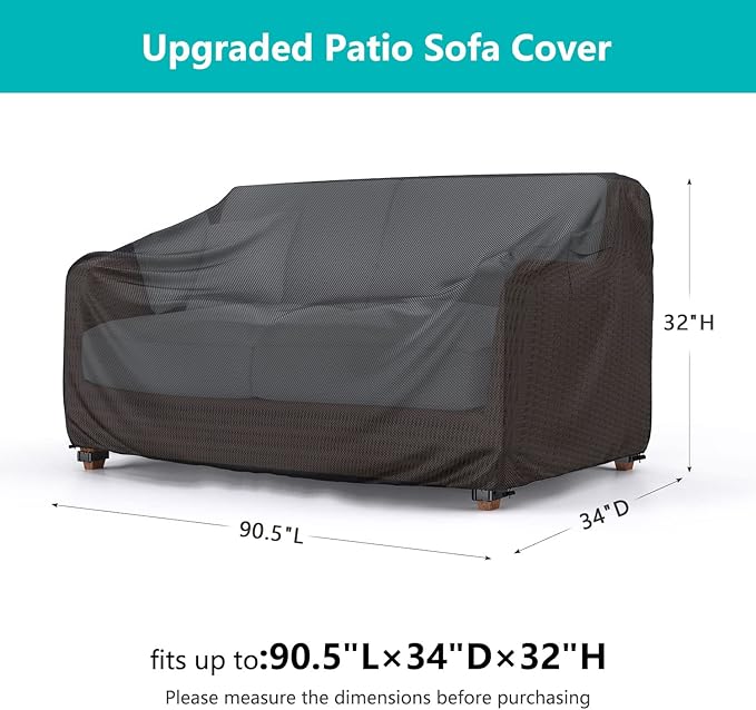 Heavy Duty Patio Sofa Cover, Waterproof 3-Seater Outdoor Couch Cover Patio Furniture Covers for Outdoor Furniture Loveseat Couch, 90.5" L×34" D×32" H, Black