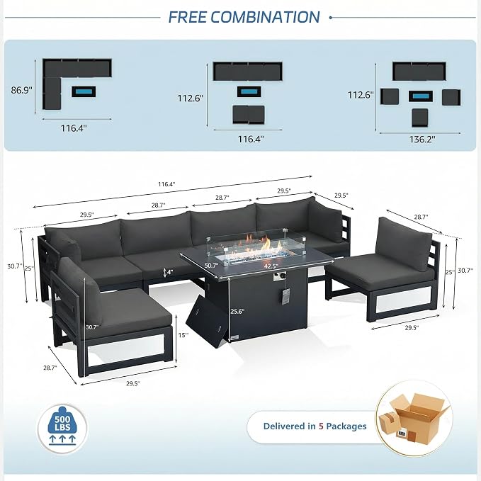 NICESOUL 7 Piece Modern Aluminum Outdoor Furniture Set with Fire Pit Propane/Gas, 29 inch Deep Wide Seat, All Weather Patio Conversation Set, L Shaped Modular Sectional Sofa for Backyard, Dark Gray
