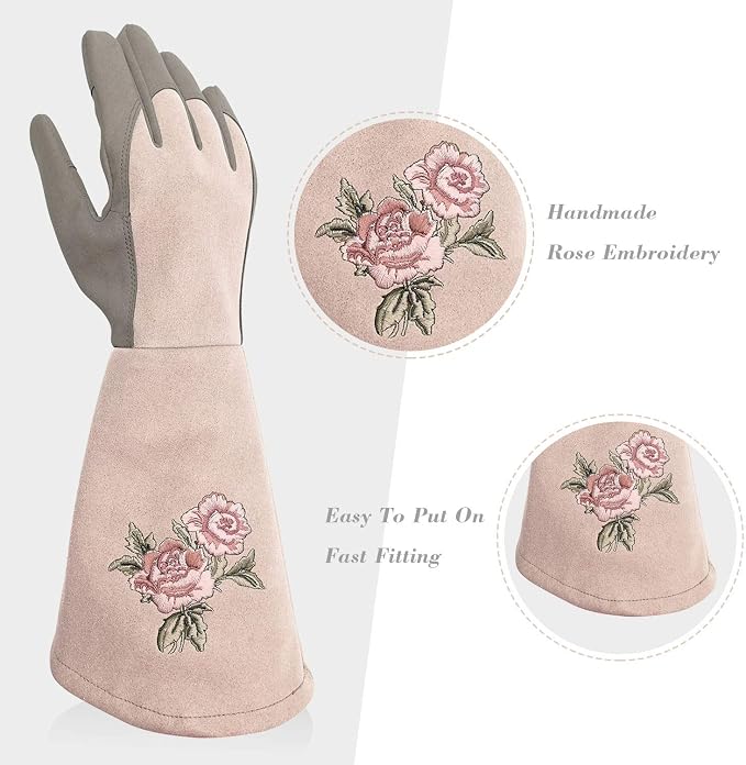 Rose Pruning Gloves with Forearm Protection, Thorn Resistant | Embroidery Design with Extra Long Cuff for Gardening and Pruning Tasks