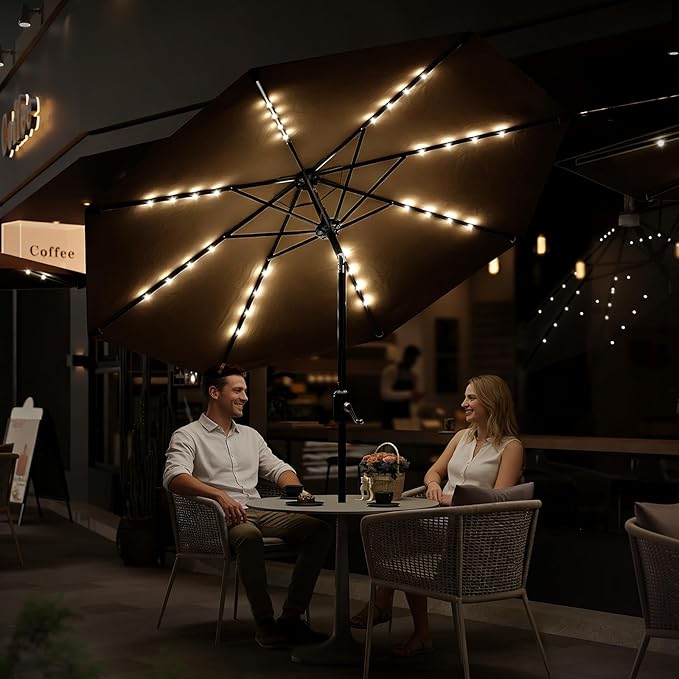 Garvee 9/10 FT Solar Patio Umbrella with 32 LED Lights - Outdoor Table Umbrella with Crank Lift, Push Button Tilt and 8 Sturdy Ribs - Market Umbrella UV Protection for Pool, Deck, Yard, Garden