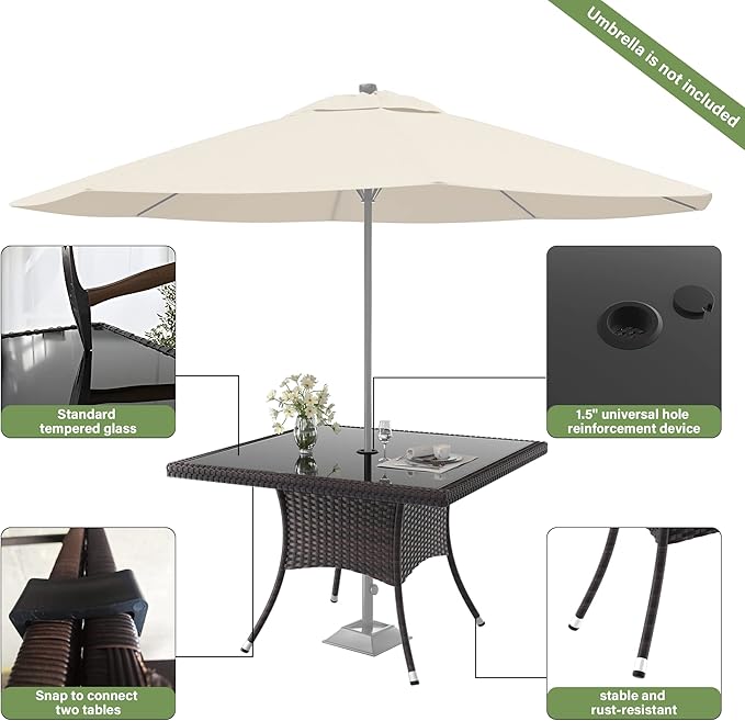 ALAULM 5 Piece Patio Dining Set All-Weather Wicker Outdoor Furniture Set w/Tempered Glass Tabletop, Removable Cushions and Umbrella Hole for Patio, Backyard, Garden, Poolside（Navy）