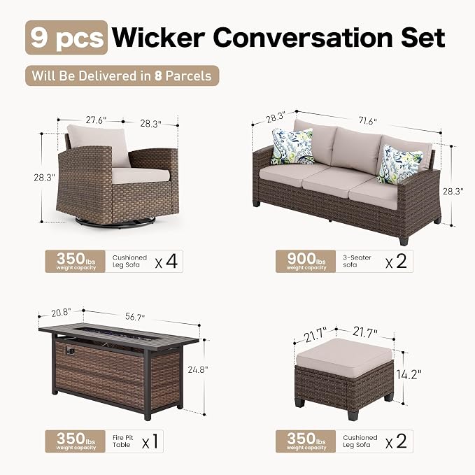 SUNSHINE VALLEY Swivel Glider Patio Furniture Set Outdoor Furniture Brown Wicker Rattan Patio Conversation Sets with Cushion Outside Sofa Set,8 Pieces with Rectangular Firepit Table,12 Seats,Beige