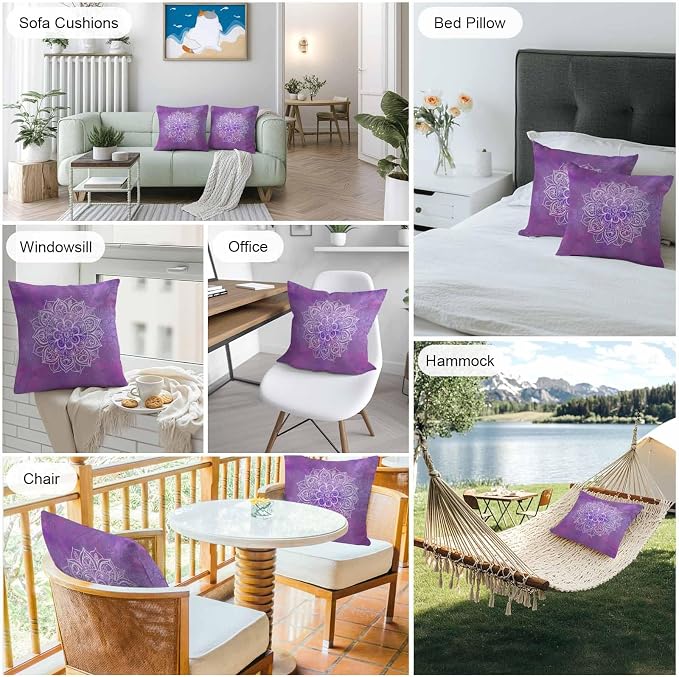 Vandarllin Outdoor Throw Pillows Covers 18x18 inch Set of 2 Waterproof Purple Boho Floral Decorative Zippered Cushion Covers for Patio Furniture, Bohemian Flower Lumbar Pillowcases