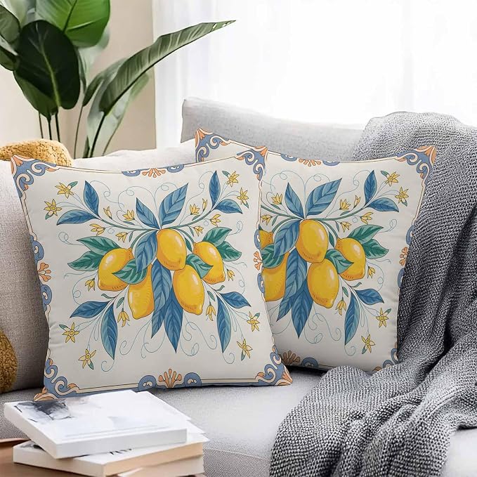 Throw Pillow Covers 16x16 Inch Set of 2, Yellow Blue Lemon Waterproof Outdoor Cushion Covers, Summer Botanical Farmhouse Decorative Pillowcases for Couch, Sofa, Bed, Garden, Patio