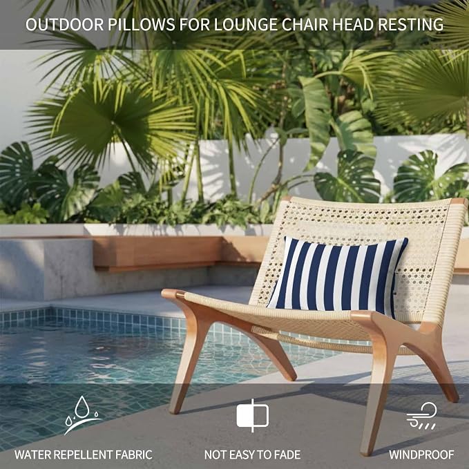 Navy Blue Striped Outdoor Chaise Lounge Head Pillow with Insert,Modern Farmhouse Blue White Stripes Waterproof Headrest Lumbar Pillow Cusion Cover with Elastic Strap for Patio Recliner,11"x16" 2PCS