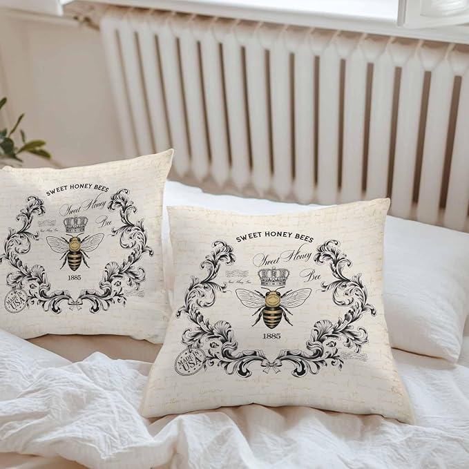 Sweet Honey Bees Outdoor Pillow Covers Pack of 2 Bees Farmhouse Retro Texture Waterproof Throw Pillow Covers Decorative Cushion Cases for Patio Garden Tent Balcony Couch 26x26 inch